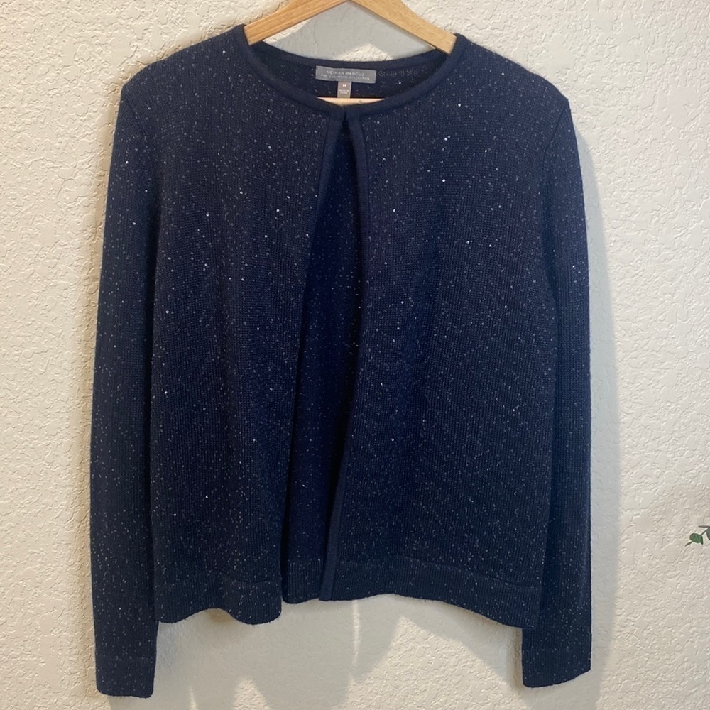 𝅺Neiman Marcus Cashmere Open Front Sparkle Cardigan - Navy Blue - Medium